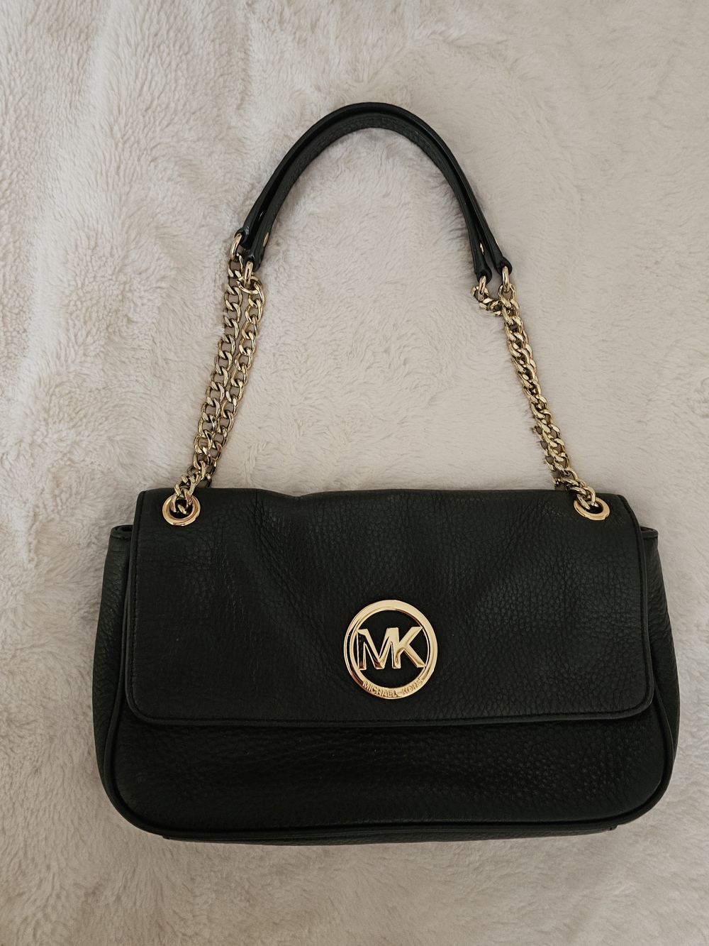 Michael Kors Black Pebbled Leather Shoulder Bag with Gold MK Emblem